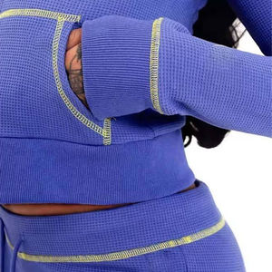 Ensemble de survêtement oversize pour femme Hiver 2025, comprenant un sweat à capuche court entièrement zippé et un pantalon de survêtement évasé, avec broderie effet usé et couleur unie - Product Image 2