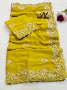 ผ้าซิลค์จอร์เจตต์เนื้อนุ่มสำหรับผู้หญิง พร้อมงานปักหนัก ลาย C Pallu Zari  ตกแต่งขอบด้วยงาน Cut Work ผลิตในอินเดีย - Product Image 3