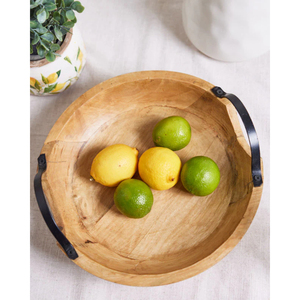 Plateau en bois fini naturel avec poignées latérales en fer noir pour les plats de nourriture dans la décoration de la maison et des restaurants Plateau de forme ronde - Product Image 2