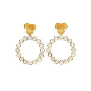 Pendientes de aro redondos con estilo dorado, pendientes de diseño de flores con hermosos pendientes de piedras preciosas de diamantes - Product Image 1
