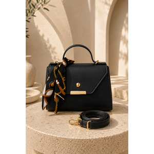 Sac à main et sac à bandoulière en cuir noir-brun avec détail foulard imprimé - Product Image 1