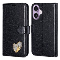 Étui en cuir coeur pailleté pour téléphone portable pour iPhone 17 Air 17 16 15 14 13 Étui en cuir à rabat pour téléphone Étui portefeuille en cuir PU
