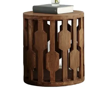 طاولة خشبية مدورة صغيرة بتصميم حديث من خشب المانجو الطبيعي الكلاسيكي طاولة جانبية مصقولة ديكور منزلي