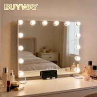 Miroir de maquillage Hollywood LED à 14 ampoules avec base à double pied et support pour téléphone, miroir de vanité à commande tactile pour chambre à coucher