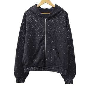 Sudadera con capucha Boxy Fit con cremallera completa de algodón pesado negro para hombre con diseño personalizado de diamantes de imitación - Product Image 3