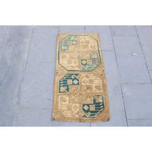 Vintage Turkish Rug, 1.5x3.1 ft Small Rug, <b>Brown</b> Blue Floral <b>Wool</b> Rug - Product Image 1