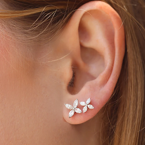 Flower Shape Marquise Cut Diamond <b>Stud</b> Earrings 925 <b>Silver</b> Classic Women's Everyday Wear - Product Image 3