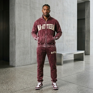 Men's Burgundy Maroon Acid Wash <b>Zip</b> <b>Up</b> Tracksuit Set Embroidered <b>Jacket</b> Jogger Pants Streetwear Sportswear Activewear Casual Out - Product Image 4