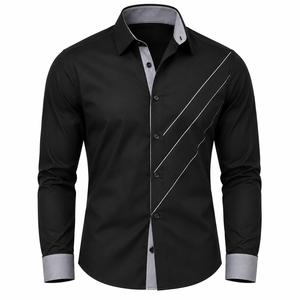 Chemise habillée noire à manches longues pour homme, avec blocs de couleur, poignets contrastants, col rabattu, boutonnée, style décontracté chic, classique, pour affaires - Product Image 1