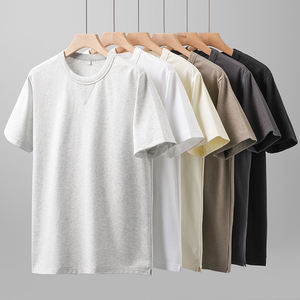 เสื้อยืดผ้าฝ้าย100% สีเทาสำหรับผู้ชายทรงหลวมสีทึบถักแบบหลวม - Product Image 1