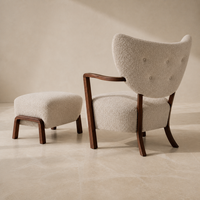 Fauteuil d'appoint moderne en bouclette beige sur mesure avec repose-pieds pour hôtel, villa, appartement