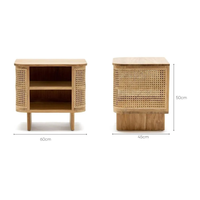 Table de chevet moderne en bois massif faite à la main avec rangement et détails en rotin