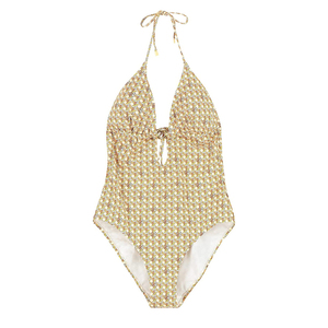 Traje de baño de una pieza para mujer, con cuello halter cruzado, estampado abstracto azul, cintura alta, en spandex y poliéster elástico - Product Image 2