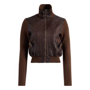 Chaqueta de medios mixtos para mujer, Mangas de Jersey de cuero originales, estilo hebillas, chaquetas cortas cálidas a la moda - Product Image 3