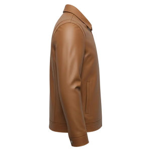 Veste en cuir d'hiver personnalisée 2026 en toile enduite de peau de vache marron clair avec fermeture éclair, poches avant et col rabattable - Product Image 3