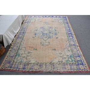 Tapis Turc Vintage Authentique 5.8 X 8.1ft Beige Bleu Patchwork Design Laine Latex pour Salon Couloir Tabriz pour Adolescents - Product Image 1