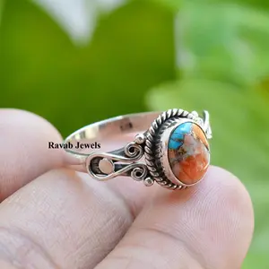 2025 Premium 6x8mm cuivre Orange bleu huître Turquoise bague empilable 925 argent Sterling femmes pierres précieuses fabricant de bijoux - Product Image 1