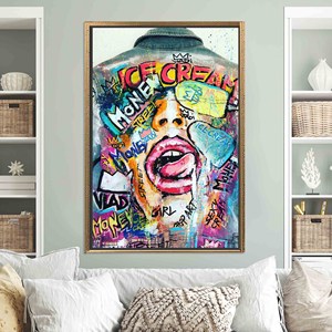 Modern Graffiti Art Canvas Print: Jeans Jacket, Ice Cream,GOLD <b>FRAMED</b> CANVAS - Product Image 1