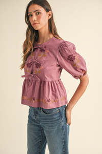 Blusa Bohemia Floral Vintage para Mujer, 100% Algodón Orgánico, Top con Peplum, Mangas Abullonadas, Lazo, Bordado, Ecológica y Transpirable - Product Image 2