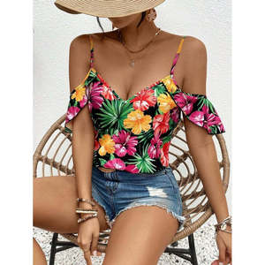 Blusa de mujer con tirantes y hombros descubiertos con estampado floral, 34474 - estampada - Product Image 2
