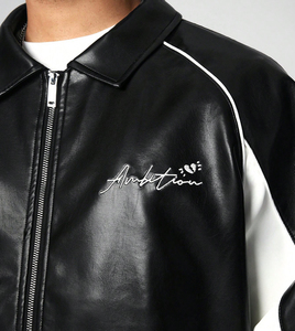 Chaqueta de cuero con estampado gráfico de letras personalizadas para hombre de moda chaqueta de cuero con cremallera de algodón de lana de manga larga informal - Product Image 4