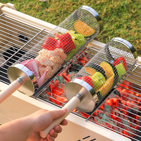 Panier de barbecue rotatif en acier inoxydable non revêtu, anti-rouille, portable (Grand/Petit) pour le camping en extérieur