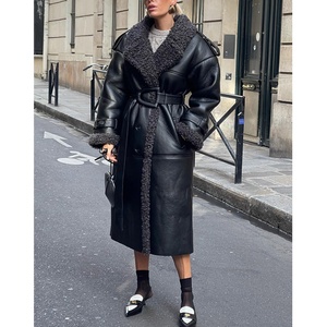 แจ็กเก็ตขนสัตว์คอเสื้อเปิดลงแขนยาวสำหรับผู้หญิงมาใหม่ฤดูหนาวปิดลูกไม้ขึ้นและผ้าถัก - Product Image 3