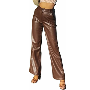 Pantalones transpirables de cuero PU para damas Invierno Casual Slim Fit con cintura alta Color sólido y decoración de botones de cintura media - Product Image 6