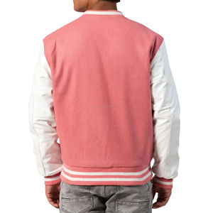 Blouson universitaire pour homme en laine avec manches en cuir, fermeture éclair, patchwork écologique, style bomber, mode pastel - Product Image 2