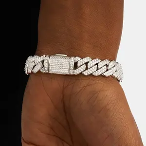 Bracelet cubain à griffes de 12 mm, fermoir sécurisé, plaqué or blanc 14 carats, argent sterling, zircone cubique taillée, pierres de moissanite VVS pour - Product Image 4