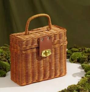 Vintage Handwoven Rattan Picnic Box <b>Bag</b> | Vintage <b>Wicker</b> Purse with Handle | Boho Straw Box <b>Bag</b> for Summer - Product Image 4
