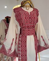 Robe de soirée authentique palestinienne en satin perlé, coupe droite, vintage, longueur genou, respirante et personnalisable pour femme
