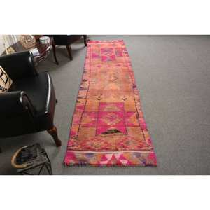 Tapis en laine tissé plat rose orange vintage de 2,6x9,8 pieds, motif patchwork turc pour décor de salon, largeur de 4m avec support en latex - Product Image 1