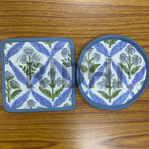 Light Steel <b>Blue</b> Quilted Piping <b>Coasters</b> Set 5x5" Bohemian Eco-Friendly Hand Block Printed Reusable Fabric Home Offices Cafes - Product Image 2