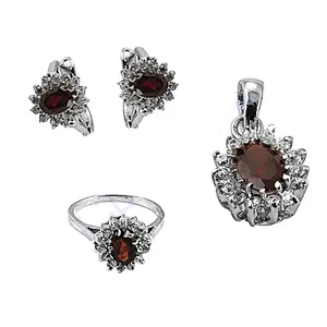 925 Silver Classic <b>Garnet</b> Diamond Zircon Set Including <b>Earrings</b> Ring Pendant for Wedding Party Engagement Heart Number Pearl - Product Image 1