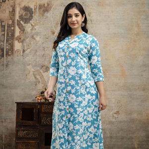 High Quality Hand Made Ethnic <b>2</b> <b>Pieces</b> Kurta <b>Set</b> For Women Wedding Casual Wear V-neck Long Sleeve Floral Print Gift For Her - Product Image 1