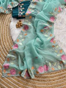 Hermoso Chiffon Crujiente con Bordado, Sari, Fabricante y Proveedor de Moda Femenina de la India - Product Image 2