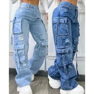 New Fashion Multi-pocket Washed Straight <b>Jeans</b> <b>Women</b> Y2K Vintage Hip Hop Mid <b>Waist</b> Casual 100% Cotton Winter Pant - Product Image 5