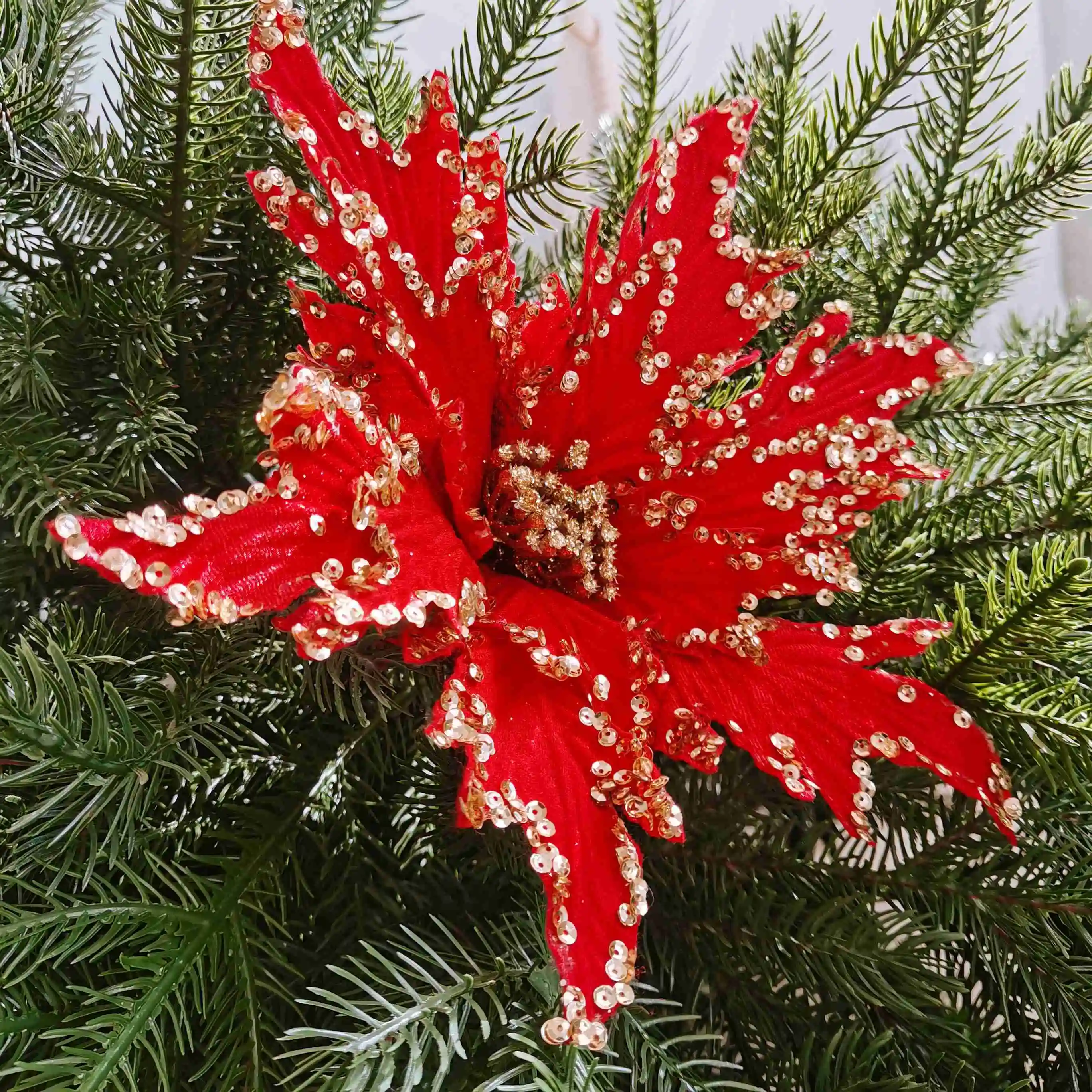 Hot Sale Christmas Decoration Christmas Red Glitter Textured Poinsettia Flower Stem Christmas Flowers Poinsettia