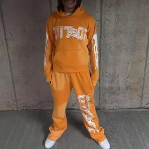 Nouvel arrivage Survêtement pour Homme Couleur contrastée Lavage à l'Acide Surdimensionné Zip Up Ensembles Pantalons de survêtement et sweat à capuche délavés Combinaisons de survêtement évasées - Product Image 4