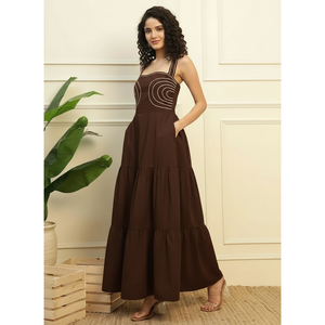 Deebaco Women's Brown Solid A-Line <b>Maxi</b> <b>Dress</b> Tiered Ruffles Halter Neck Spaghetti <b>Strap</b> Summer Party Evening Gown 100% Cotton - Product Image 3