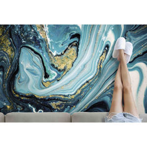 Alfombra Moderna Abstracta con Detalles Dorados y Mármol Azul: Alfombra Impresa, Alfombra de Chenilla - Product Image 3