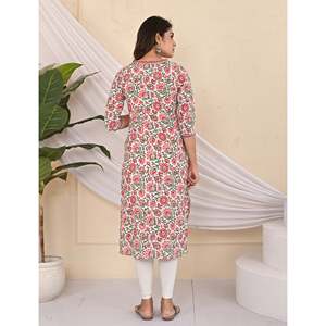 Cotton <b>Block</b> <b>Printed</b> White Jaal Kurti Traditional Indian Ethnic Long Stitched Rayon Clothing for Daily Wear Parties Floral - Product Image 4