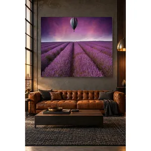 Impression sur toile Fida : Montgolfière et champ de lavande dans un ciel violet - Product Image 1