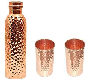 Handcrafted Pure Copper <b>Water</b> <b>Bottle</b> And Glass Combo Stunning Hammered Design For Daily Hydration And Wellness - Product Image 1