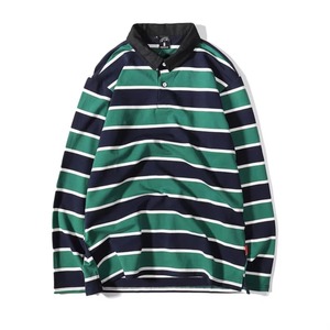 Camiseta de solapa de manga larga de gran tamaño para hombre al por mayor con dos botones, Jersey transpirable para hombre, camiseta de Jersey a rayas - Product Image 4