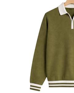 Manufacturer Customized <b>Mens</b> Quarter Zip Knit Sweater Olive Green Solid White Collar Rib Hem Warm Winter Casual Pullover OEM - Product Image 3