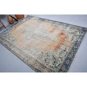 Alfombra Vintage Grande de 6.2x9 pies, Alfombra Turca de Lana con Diseño de Camuflaje Azul y Marrón - Product Image 1