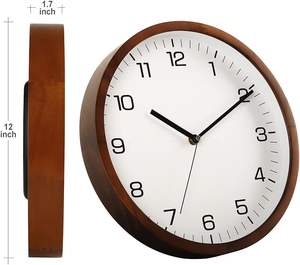 Horloge murale ronde en bois de 12 pouces à piles pointeur en métal silencieux sans tic-tac et couvercle en verre pour bureau cuisine chambre - Product Image 6