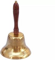 Cloche à main antique moderne religieuse nautique en laiton doré électroplaqué, 11 pouces, avec manche en bois, objet d'art européen de collection pour l'extérieur